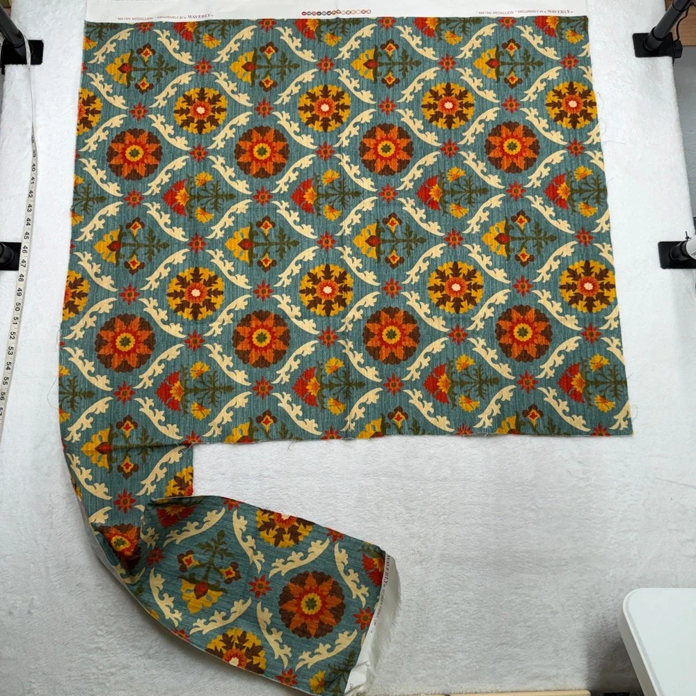 Waverly Mayan Medallion Upholstery Fabric Remnant Floral Teal Orange Red 1.5 Yd